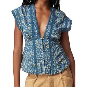 Free People Blue Floral Boho Peplum Top Lace Trim Cottagecore Babydoll Blouse S